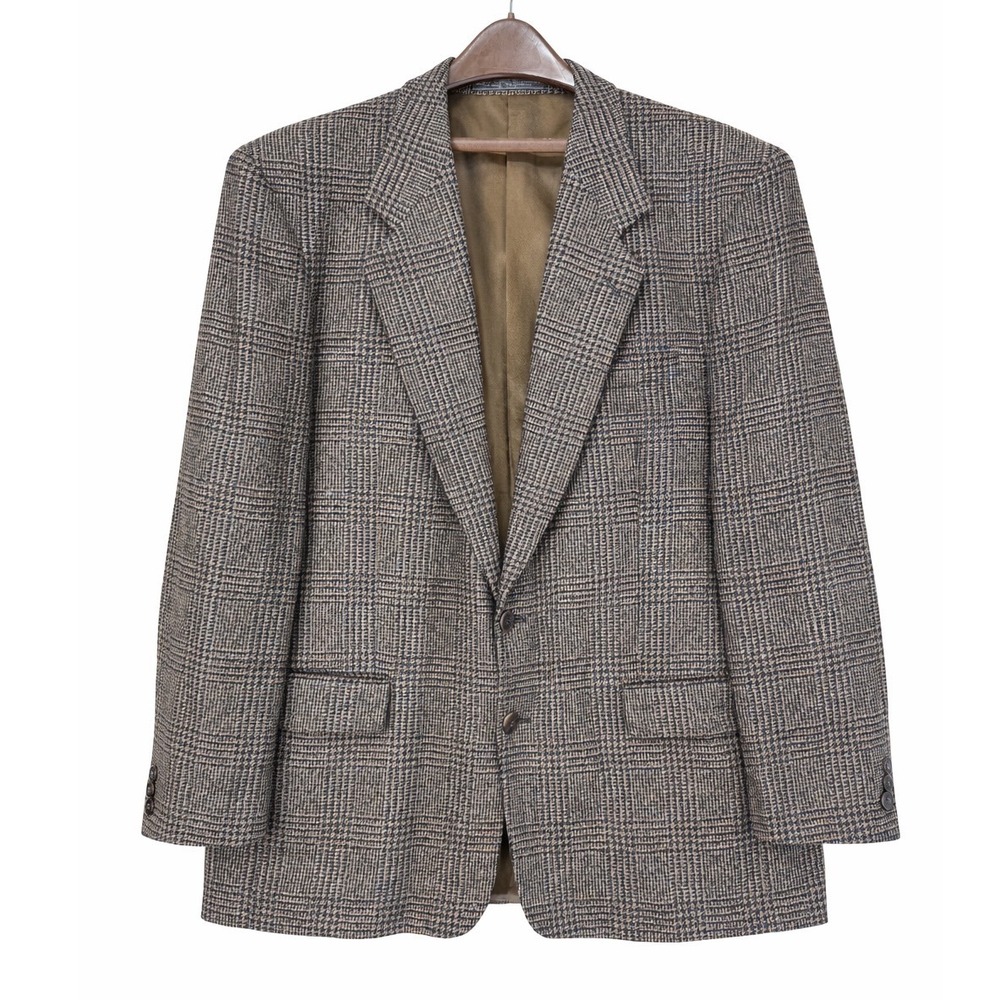 Cricketeer Mens 44R Blazer Brown Black Wool Cashmere Glen Plaid Sport Coat USA‎